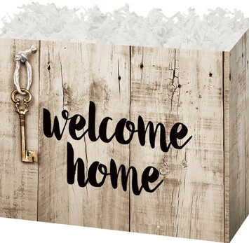 Folding Gift Box with the words Welcome home and key on wood