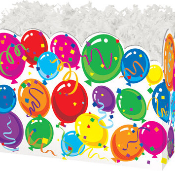 balloons and confetti on a folding gift box