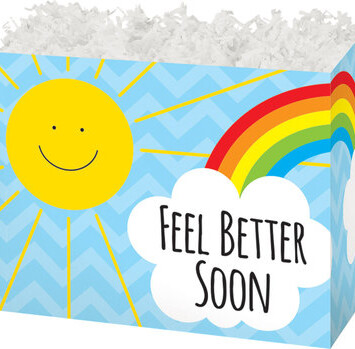 Folding Gift Box with a blue background, sunshine and rainbow with words feel betters soon
