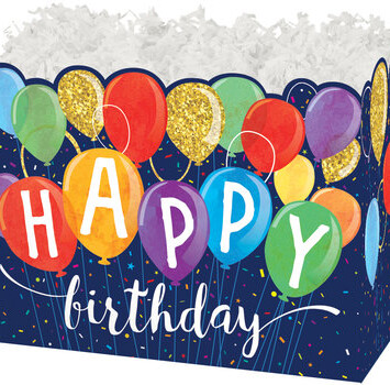Balloons and the words Happy Birthday on a folding gift box