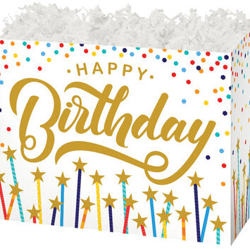 Stars and the words Happy Birthday on a folding gift box